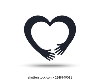 Hugging arms in shape of heart icon. Hands hugged or care hug background. Embrace of friendship. Volunteer care symbol, friends relationship. Hug day icon. Silhouette of people hands. Vector