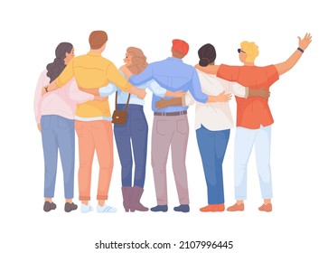 Hugging backs. Group people hugs friends back view, embrace students team, friendship unity teen school together, family relationship teamwork flat vector. Illustration of people team friendship