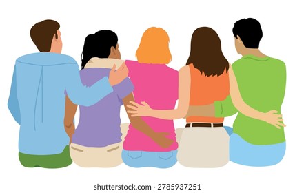 Hugging backs. Group people hugs friends back view, embrace students team, friendship unity school together, family relationship teamwork. Diverse friends of a group of people hugging together vector