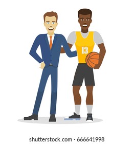 Hugging basketball player and businessman together. Male friendship. Vector flat style. 