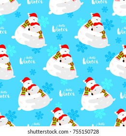 hugging bearswith hat and scarfs  in winter. Cute cartoon seamless pattern. vector  illustration isolated on blue background.