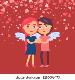 Hugging boyfriend and girlfriend in angel wings symbol of love isolated on burgundy background with flying hearts, vector couple celebrate Valentines day