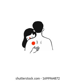 Hugging boyfriend and girlfriend isolated on white background. Man embracing woman. Cute young romantic couple in love cuddling. Hand drawn colorful vector illustration in flat cartoon style