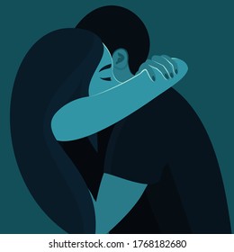 Hugging boyfriend and girlfriend isolated on blue background. Man embracing woman. Cute young romantic couple in love cuddling. Hand drawn colorful vector illustration in flat cartoon style