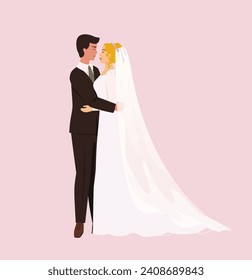 Hugging bride and groom isolated. Newlyweds cuddling. Wedding ceremony. Husband and wife just married. Vector banner design. Card.