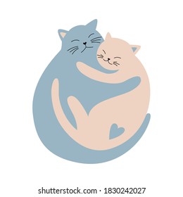 Hugging cats in love. Cute lovers cats sleeping in each other's arms. Happy Valentine card design. Vector illustration.