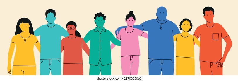 Hugging characters, friendship illustration with guy and girls standing together. Group of friends, men and women good relationships. Vector illustration.