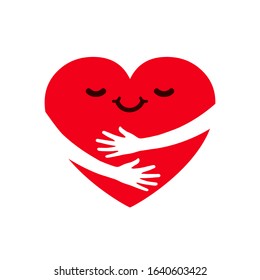 Hugging Charity Icon, Love Yourself, Family Community, Cute Cartoon Heart Character Hug, Heart With Hugging Arms, Hands Holding Heart, Self Care And Happiness - Stock Vector