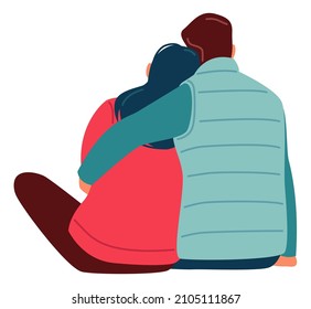 Hugging couple back view. Loving happy relationship