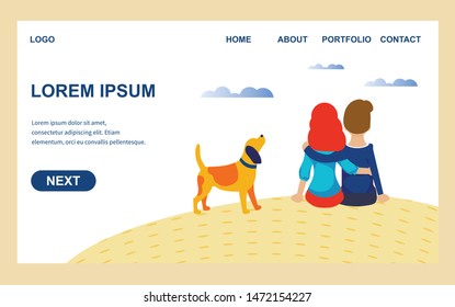 Hugging Couple Enjoy Nature Scene. Dog Walking near Embracing Man and Woman. Family Trip. Romantic Adventure for Two Loving People. Flat Landing Page. Dating Organization. Cartoon Vector Illustration