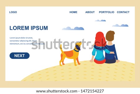Hugging Couple Enjoy Nature Scene. Dog Walking near Embracing Man and Woman. Family Trip. Romantic Adventure for Two Loving People. Flat Landing Page. Dating Organization. Cartoon Vector Illustration