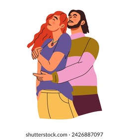 Hugging couple. Happy man and woman hug. Valentine day characters together. Romantic relationships, boyfriend and girlfriend in love. Cartoon flat style isolated people on date. Vector illustration