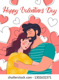Hugging couple with hearts background and lettering.Cute cartoon characters.Romantic illustration perfect for greeting cards, prints,flyers,posters,invitations and more.Valentines day card concept.