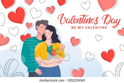 Hugging couple with hearts background.Cute cartoon characters.Romantic illustration perfect for greeting cards, prints,flyers,posters,invitations and more.Valentines day card concept.Time together.