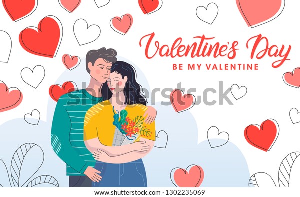 Hugging Couple Hearts Backgroundcute Cartoon Charactersromantic Stock ...