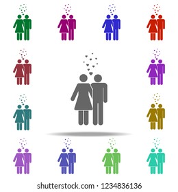 hugging couple and hearts icon. Elements of People in love in multi color style icons. Simple icon for websites, web design, mobile app, info graphics