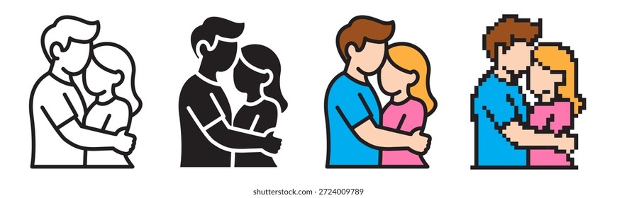 Ícone de casal atraente definido com traçado editável linear, preenchimento de cor, sólido e estilos de pixel para o Dia dos Namorados. Amor romântico, relacionamento, namoro e símbolos de casamento para cartão, aplicativo, logotipo e design de mídia social