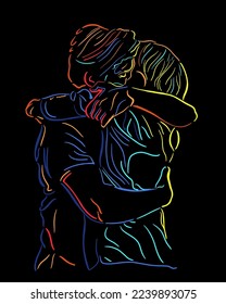 Hugging couple. Line art vectoral illustration.