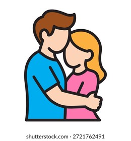 Hugging couple linear icon with editable stroke and soft color fill for Valentine’s Day. Romantic love, relationship, dating, and wedding symbol for card, invitation, app, logo, and social media design