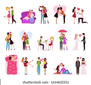 Hugging couple in love. Llifestyle of happy romantic couples, loving persons girlfriend and boyfriend in restaurant, walking in raining or marriage isolated vector set