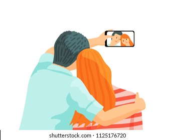 Hugging couple in love taking selfie photo. Simple cartoon vector illustration isolated on white background.