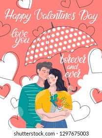 Hugging couple in love under umbrella.Cute cartoon characters.Romantic illustration perfect for greeting cards prints,flyers,posters,invitations and more.Valentines day card concept.