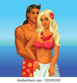 Hugging couple on the beach, bikini tanned girl with blond hair on vacation, honeymoon, happy lovers. Sexy girl in bikini. Vector illustration