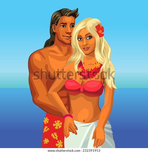 Hugging Couple On Beach Bikini Tanned Stock Vector Royalty Free