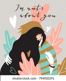 Hugging couple on the natural background with big leaves. Valentine's Day card. Cute couple in love. Vector illustration in hand drawn style.