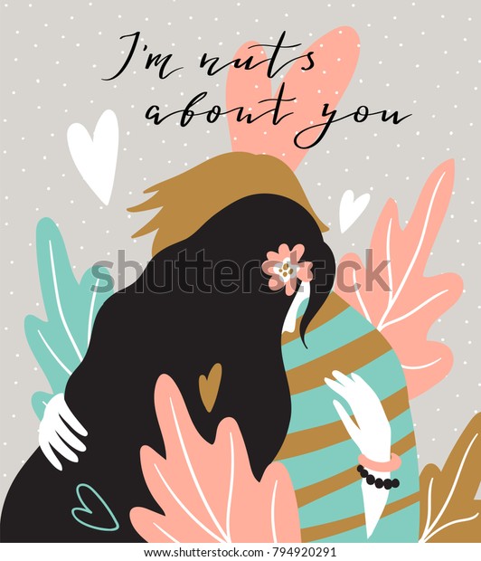 自然の背景に大きな葉を持つカップル バレンタインデーカード 愛し合っている可愛い夫婦 手描きのベクターイラスト のベクター画像素材 ロイヤリティフリー
