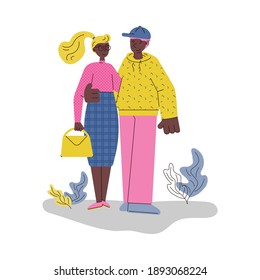 Hugging couple on romantic date walking together, flat vector illustration isolated on white background. Man and woman in love relations - cartoon characters.