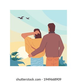 Hugging couple on sky landscape background, back view. Vector tourist people looking at flying birds in clouds. Vector man and woman in love on nature, dreaming and resting together, flat cartoon