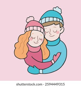 hugging couple in outline flat vector design