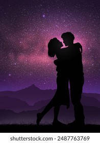 Hugging couple silhouette. Honeymoon at mountains. Romantic night sky