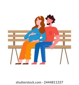 Hugging couple sitting on a bench. Pregnant wife with her husband cartoon vector illustration
