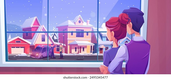 Hugging couple standing inside home and looking through window on dark winter snowy suburban street with houses, police officer waving hand and man near policy car. Cartoon vector illustration.