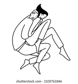 hugging couple, tenderness vector minimalistic line illustration, couple in love art