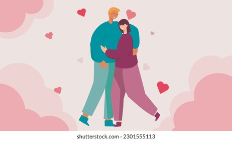 Hugging couple vector with heart shapes around them. Valentine’s day concept vector.