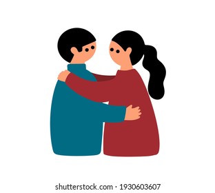 Hugging couple vector illustration  in cartoon simple style. Two persons in love together. Young family.