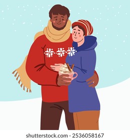 Hugging couple in winter clothes. Man and woman in love, happy family on a walk. Winter romance. Flat. Hand drawn vector illustration.