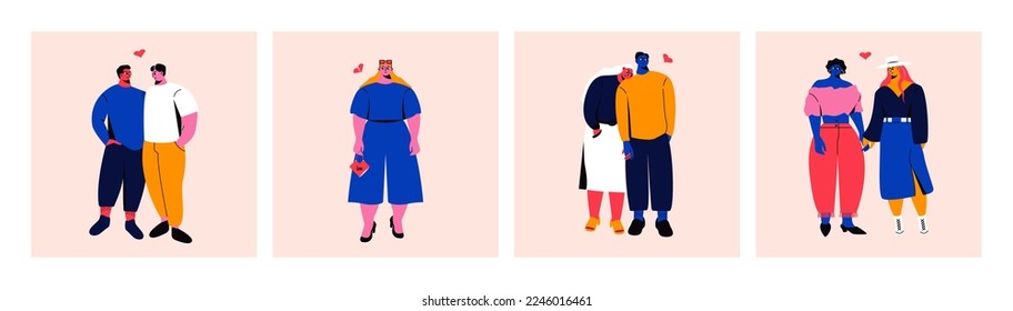 Hugging couples. Cartoon abstract characters, dating love pairs lonely woman, relationship concept. Vector colorful set