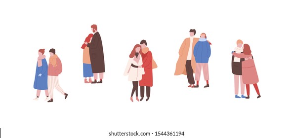 Hugging couples in warm clothes flat vector illustrations set. Winter season outdoor date. Boys and girls lovers faceless characters. Meeting, embrace, rendezvous. Walking pairs in love collection.