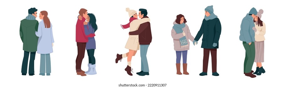 Hugging couples in winter clothes. A man and a woman in love, a happy family on a walk. Winter romance. Flat. Set of vector illustrations.