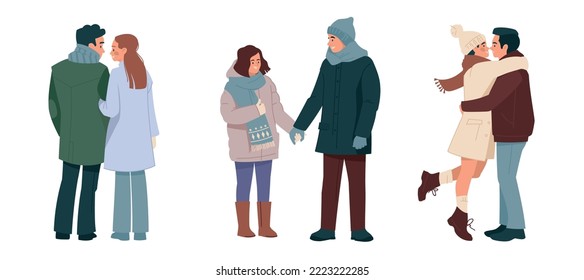 Hugging couples in winter clothes. A man and a woman in love, a happy family on a walk. Winter romance. Flat. Set of vector illustrations.