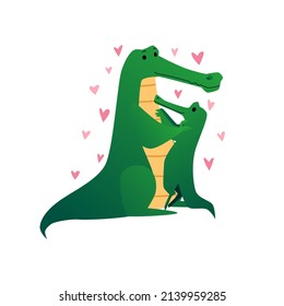 Hugging crocodile mother and child, flat cartoon vector illustration isolated on white background. Loving tender family of crocodiles, animals mom and baby.
