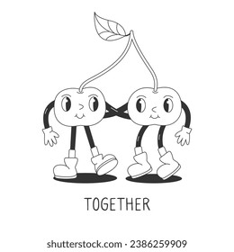 Hugging Day. Coloring Page with Funny Retro Groovy Cartoon Hippie Berries Characters. Comic Hugging Cherries. Groovy Summer Vector Illustration. 90s Sweet Juicy Fresh Fruits. Friendship concept