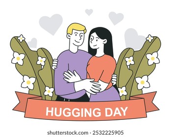 Hugging day poster. Man and woman hug each other. Friendship and love, good relationships. International holiday and festival 21 January. Linear vector illustration isolated on white background