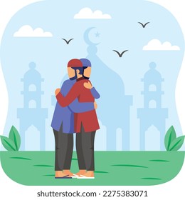 hugging each other to pass Eid greetings Concept  expressing love   brotherhood vector icon Design  Ramazan   Eid al  Fitr Symbol  Islamic   Muslim fasting Sign  Arabic holidays celebration stock