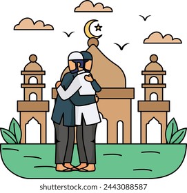 Abrazándose unos a otros para pasar los saludos de Eid Concepto, expresando amor y hermandad vector colorido Diseño, Ramadán y Eid al-Fitr Símbolo, islámico y musulmán ayuno Signo, celebración de días festivos árabes 