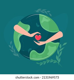  hugging earth planet and holding a heart. Earth day. Concept of Saving environment. peace on earth, stop war. . Vector illustration